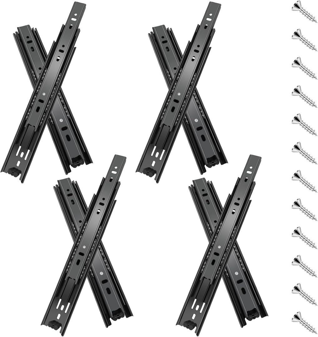 20 inch Drawer Slides 4 Pairs (8pcs) Full Extension Ball Bearing Drawer Rails Side Mount 3 fold Metal Dresser Runners for File Cabinet Trash Can Kitchen Wardrobe Glides 20" Black 100 LB Capacity
