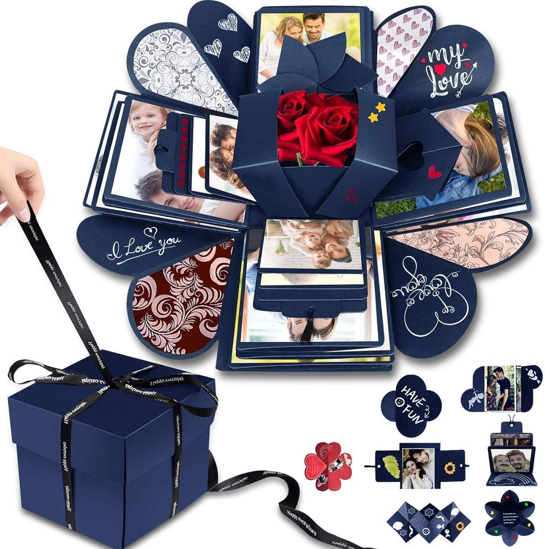 DIY Explosion Gift Box Set - Creative Love Memory Scrapbook & Photo Album for Birthday, Valentine's Day, Anniversary, Wedding, Christmas & Festival (Blue)