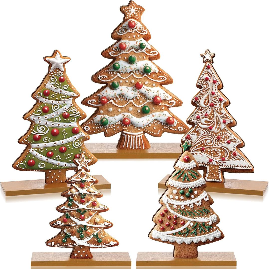 Chunful 5 Pcs Gingerbread Christmas Table Decorations Wooden Gingerbread Tree Decor Christmas Centerpiece Ginger Bread Village Decoration Winter Tiered Tray Decor with Base for Xmas Home Kitchen Shelf