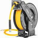 AIRZILLA Premium Steel Retractable Air Hose Reel With Dual Arm, 3/8"x50Ft Hybrid Polymer Hose, Heavy Duty Air Hose Reel included Auto Rewind Reel | Quick Air Coupler | Durable Double side Frame.