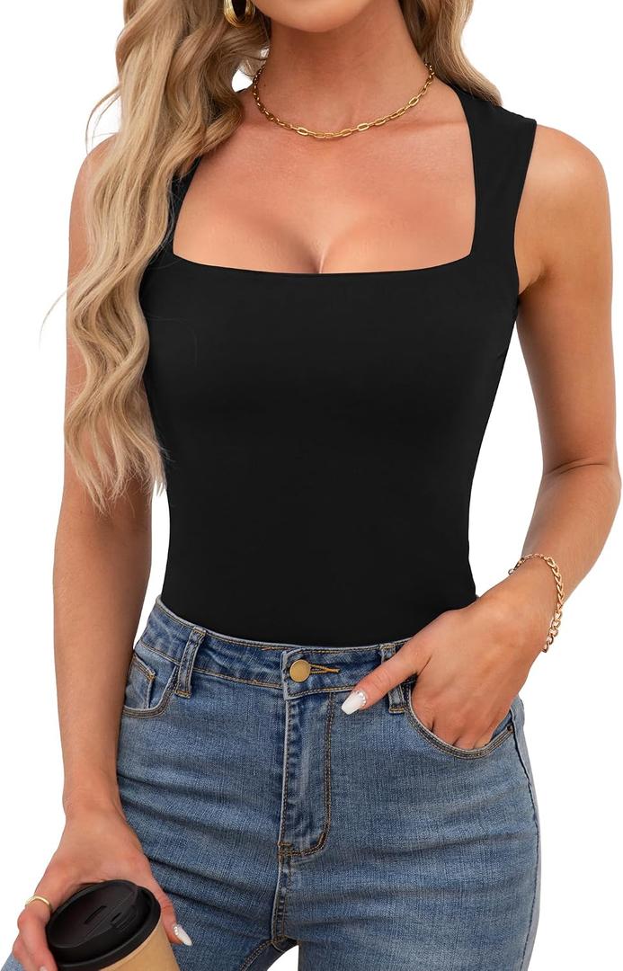 OwnTime Womens Square Neck Tank Tops Dressy Summer Sleeveless Shirts Sexy Going Out Fitted Trendy Tops T Shirts Blouses (XL)
