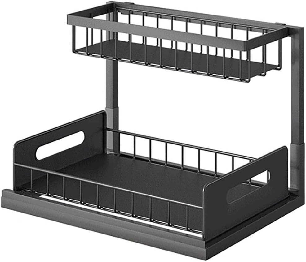 Under Sink Storage Kitchen Organizer with Sliding Drawer, 2 Tier Metal Pull Out, Non-Slip Feet, Black color