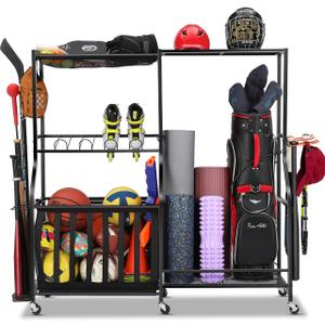 EXTCCT Garage Sports Equipment Organizer with Wheels - Golf Bag Storage Rack and Ball Storage Bins, Heavy Duty Rolling Garage Organizer System with Basket and Hooks for Indoor (Black-Large)