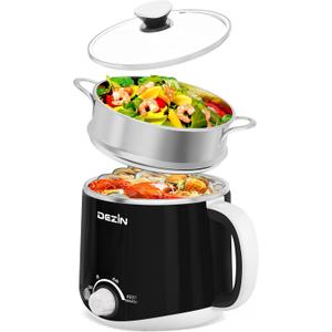 Dezin Hot Pot Electric with Steamer, Rapid Noodles Cooker, Stainless Steel Electric Pot 1.6 Liter, Perfect for Ramen, Egg, Dumpling, Soup, Oatmeal with Temperature Control and Keep Warm Function