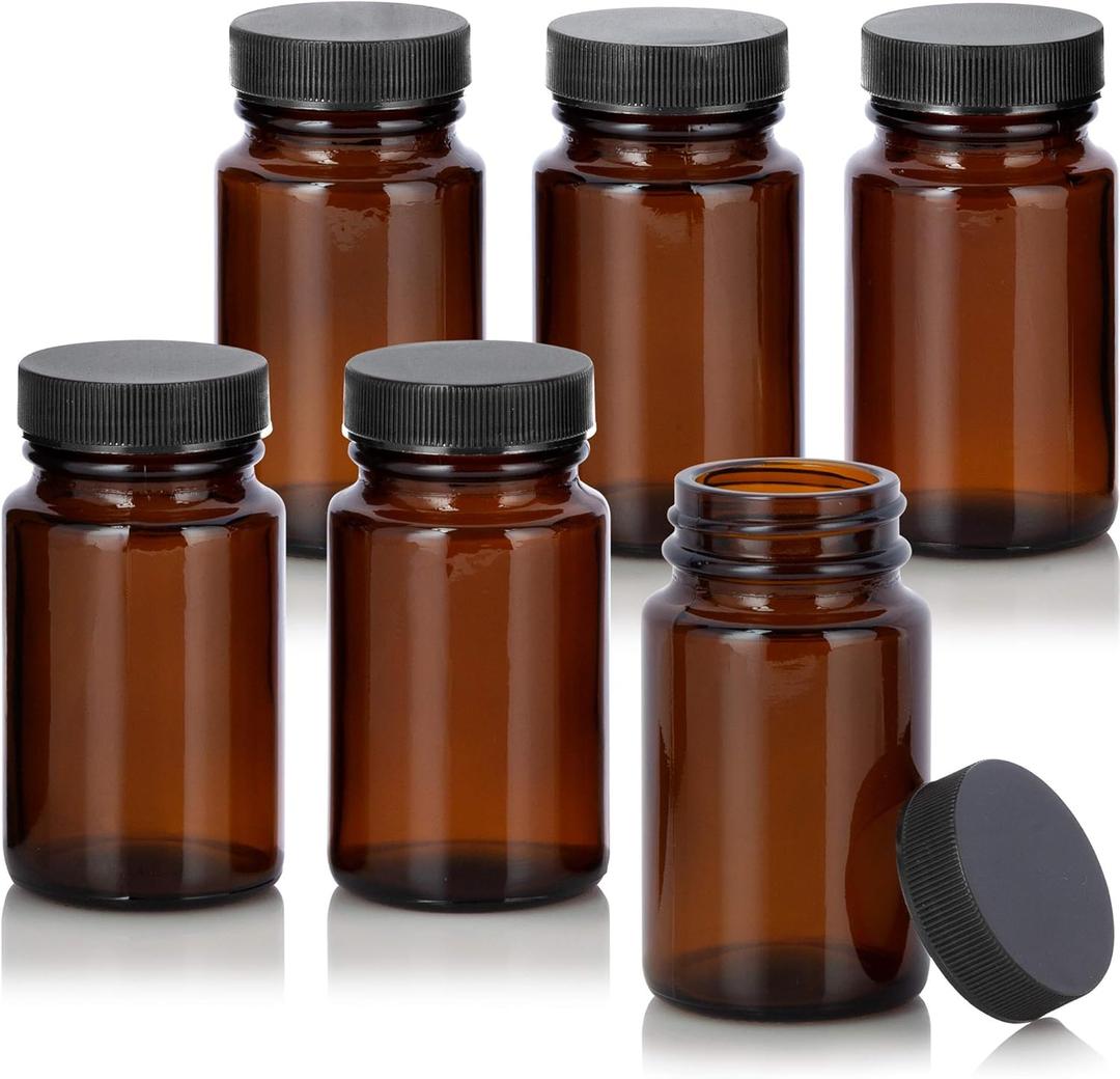 JUVITUS 2.5 oz / 75 ml Amber Glass Packer Bottle with Black Ribbed Lid (6 pack)