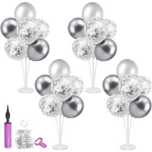 Silver Balloon Stand Centerpiece Table Decorations for 25th Wedding Anniversary Birthday Bridal Shower Father's Day Mother's Day Platinum Party Decorations(Silver gray set4)