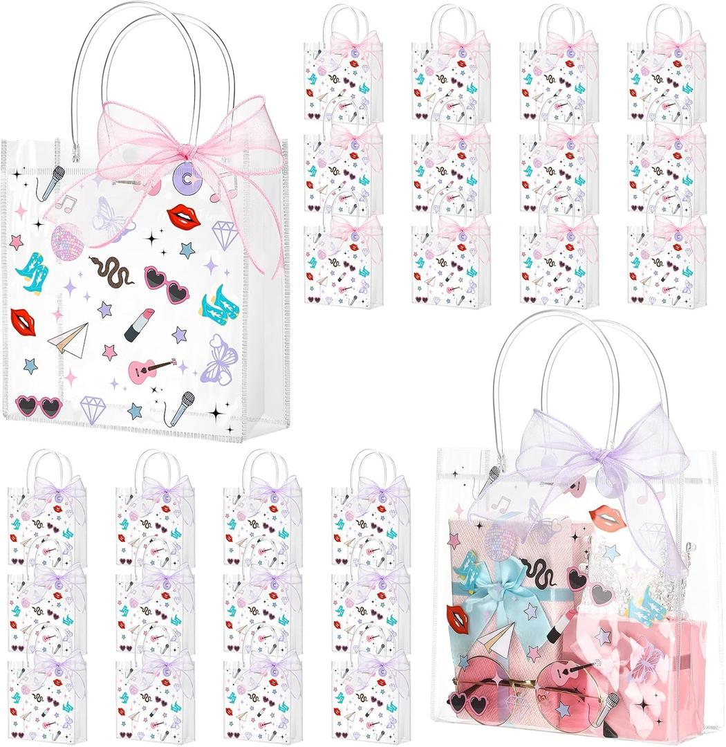 Sweetude 24 Pack Era' Party Clear PVC Gift Bags with Handles 8 Goodie Bags for Birthday Supplies Girl Fans Concert Bachelorette Music Singer Party Decorations Women Merchandise Music Lover Gift