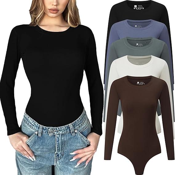 5 Pack Long Sleeve Bodysuit for Women Crew Neck Casual Stretchy Basic T Shirt Body Suits Tops, Size M