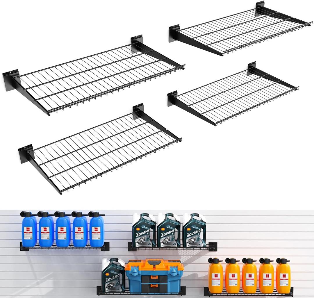 4 Pack Slatwall Shelves 24X16.5 Inch, Heavy Duty Metal Slat Wall Wire Shelf for Retail, Garage, Home Storage, Universal Slatwall Accessories (4PC, Black)