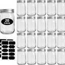 12oz Glass Jars With Lids Regular Mouth 20 Pack -Mason Jars 12 oz For Crafts, Meal Prep, Canning Jars For Food Storage Frascos De Vidrio Con Tapa Para Conservas-with 20 Chalkboard Stickers-Silver Lid