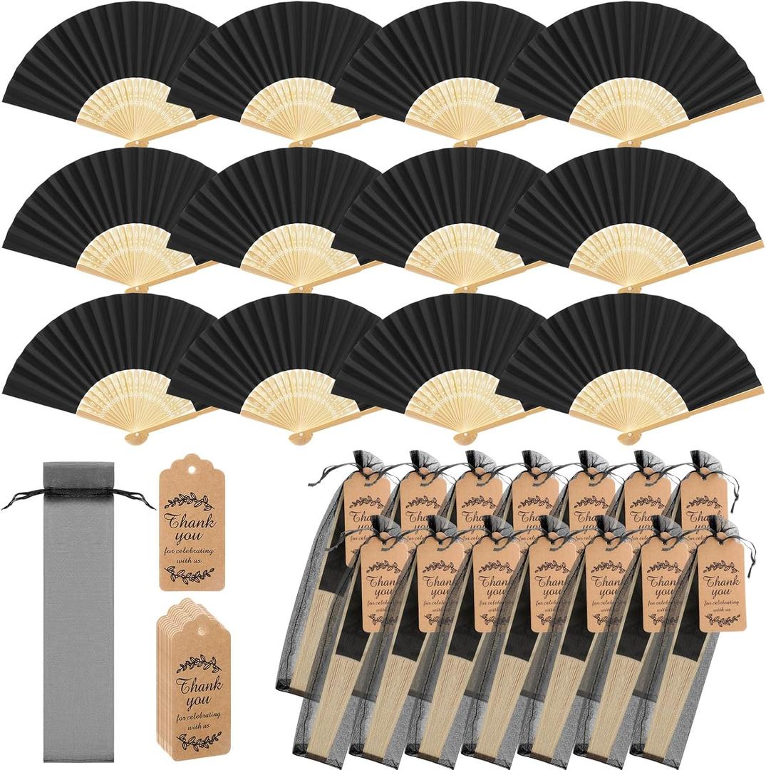 Roowest 50 Pack Handmade Paper Folding Fans with Gift Bags Thank You Card, Bamboo Handheld Folded Fan for Home DIY Office Decor Wedding Party Baby Shower Party Gift Accessories (Black)