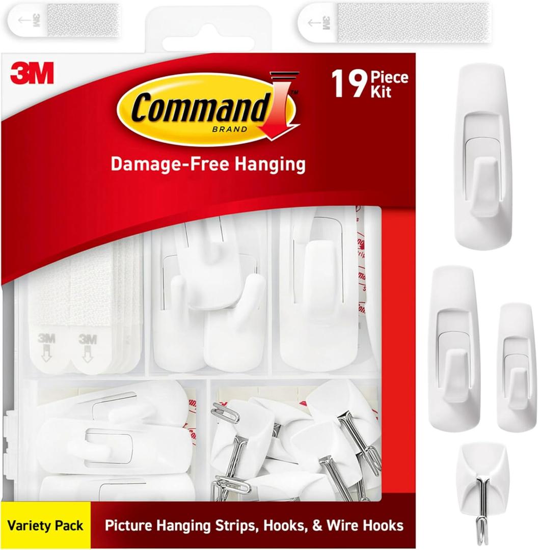 Command General Purpose Variety Kit, Various Sized Hooks, Wire Hooks, and Picture Hanging Strips to Hang Up to 19 Items, Organize Damage-Free (White)