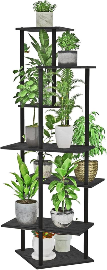 Plant Stand Indoor 7-Tier Metal Wood Plant Shelf for Multiple Flower Pots Corner Tall Flower Holders for Living Room Balcony Bedroom, Black