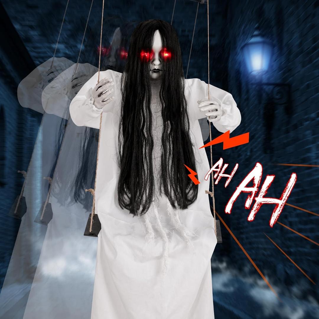 Halloween Decorations Outdoor, Scary Hanging Swinging Girl Props Sound & Slap Activated with Creepy Sound Expressions Light Up Eyes, Halloween Outside Ghosts for Haunted House Yard Lawn Decor
