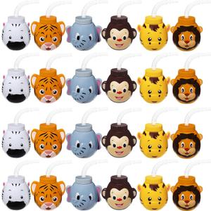 Hoolerry 24 Sets Zoo Animal Cups with Straws and Lids, 10 oz Plastic Reusable Safari Jungle Animal Theme Kids Cups for Safari Birthday Party Supplies