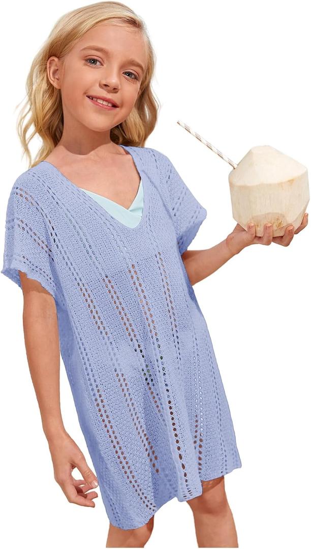 SOLY HUX Girl's V Neck Crochet Short Sleeve Beach Dress Summer Swimsuit Bikini Cover Up (8Y, Solid Light Blue)