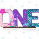 Haooryx Mermaid ONE Letter Sign - Table Wooden Centerpiece Baby Girl Mermaid 1st First Birthday Party Decorations Summer Under The Sea Little Cake Smash Photo Props Wood Decorative Baby Shower Decor
