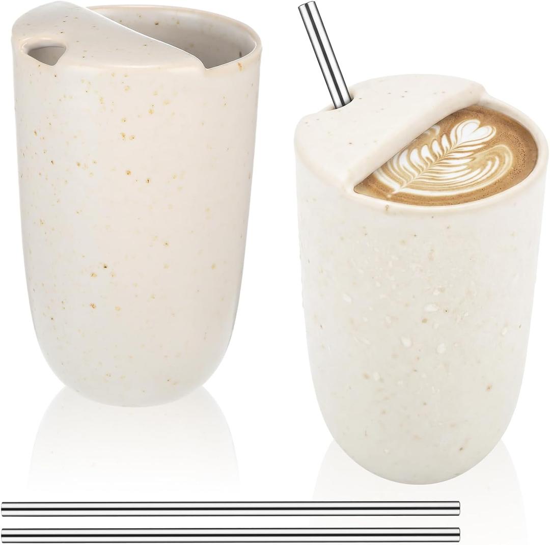 2 Pack Ceramic Coffee Mug with Sip Hole 9.5oz Retro Espresso Cup with Straws Travel Mug Handpainted Porcelain Coffee Tea Cup Novelty for Kitchen Milk Juice Cappuccino Latte Speckle White