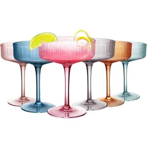 Montex Ribbed Coupe Glasses 10 oz,Multi Color Coupe Glasses, Cocktail Glass 6Pcs, Vintage Martini Glasses, Ideal for Cocktail, Champagne