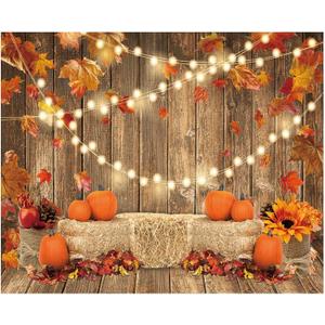 Funnytree 10x8FT Fall Pumpkin Photography Backdrop Autumn Tanksgiving Harvest Hay Leaves Wooden Background Sunflower Maple Baby Shower Banner Decoration Party Supplies Photo Booth Prop
