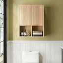 HAIOOU Fluted Bathroom Wall Cabinet with Motion Sensor Light, Curved Profile Wooden Medicine Cabinet Wall Mounted Cupboard, Wave Like Over Toilet Storage Cabinet with Buffering Hinges - Natural, 23.62 x 8.27 x 29.13 inches
