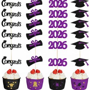 Chinco 100 Pack 2026 Graduation Cupcake Toppers Glitter Grad Cap Food Appetizer Picks Cake Caps Party Decorations Diploma Cupcake Picks for Cake Class of 2026 Graduation Party(Black and Purple)