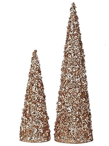 TenWaterloo Champagne Gold Artificial Christmas Cone Trees, Set of 2, 12 Inches and 18 Inches High