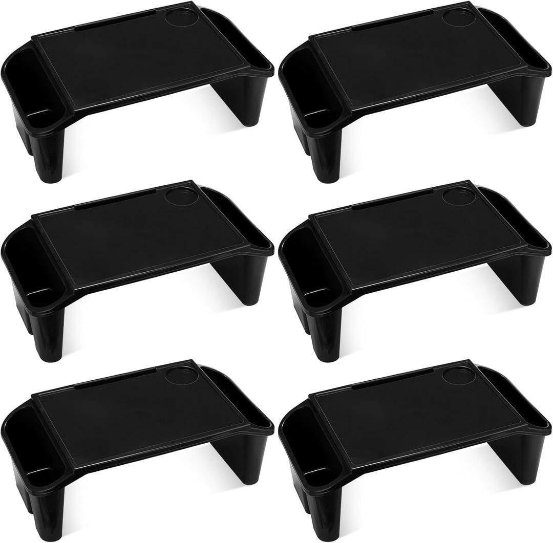 Leinuosen 6 Pcs Kids Lap Desk Tray with Storage Plastic Breakfast Laptop Trays with Side Pockets and Slot Portable Lap Bed Table for Writing Eating Game Classroom Snacks Boy Girl (Black)