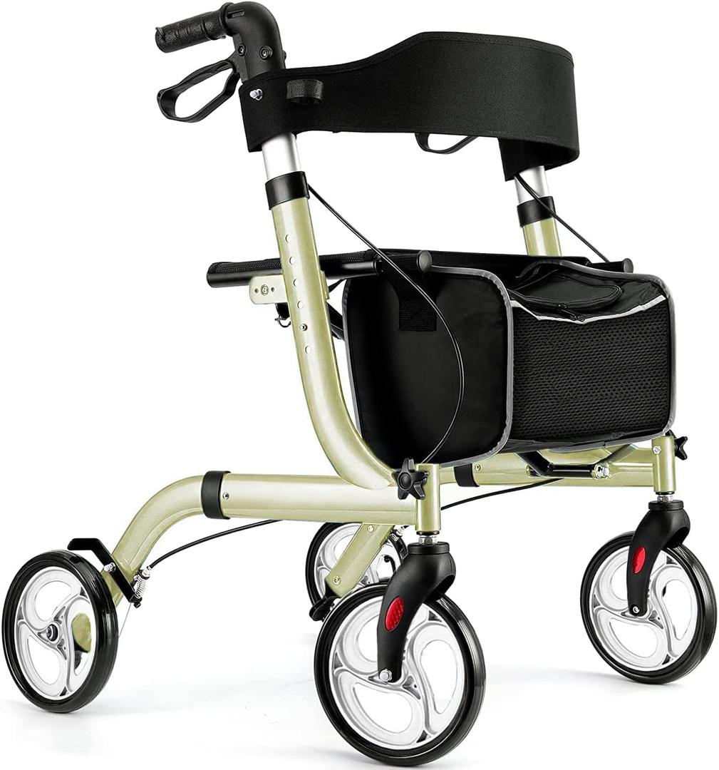 Winlove Rollator Walker for Seniors-Folding,with Seat and Four 8-inch Wheels-Medical Rollator Walker with Thick Backrest-Lightweight Aluminium Frame and Basket, Champagne