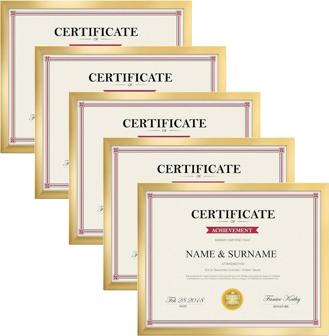 Giftgarden 8.5x11 Picture Frame Gold, 8.5 by 11 Award Certificate Diploma Document Frames for Wall or Tabletop Display, 5 Pack