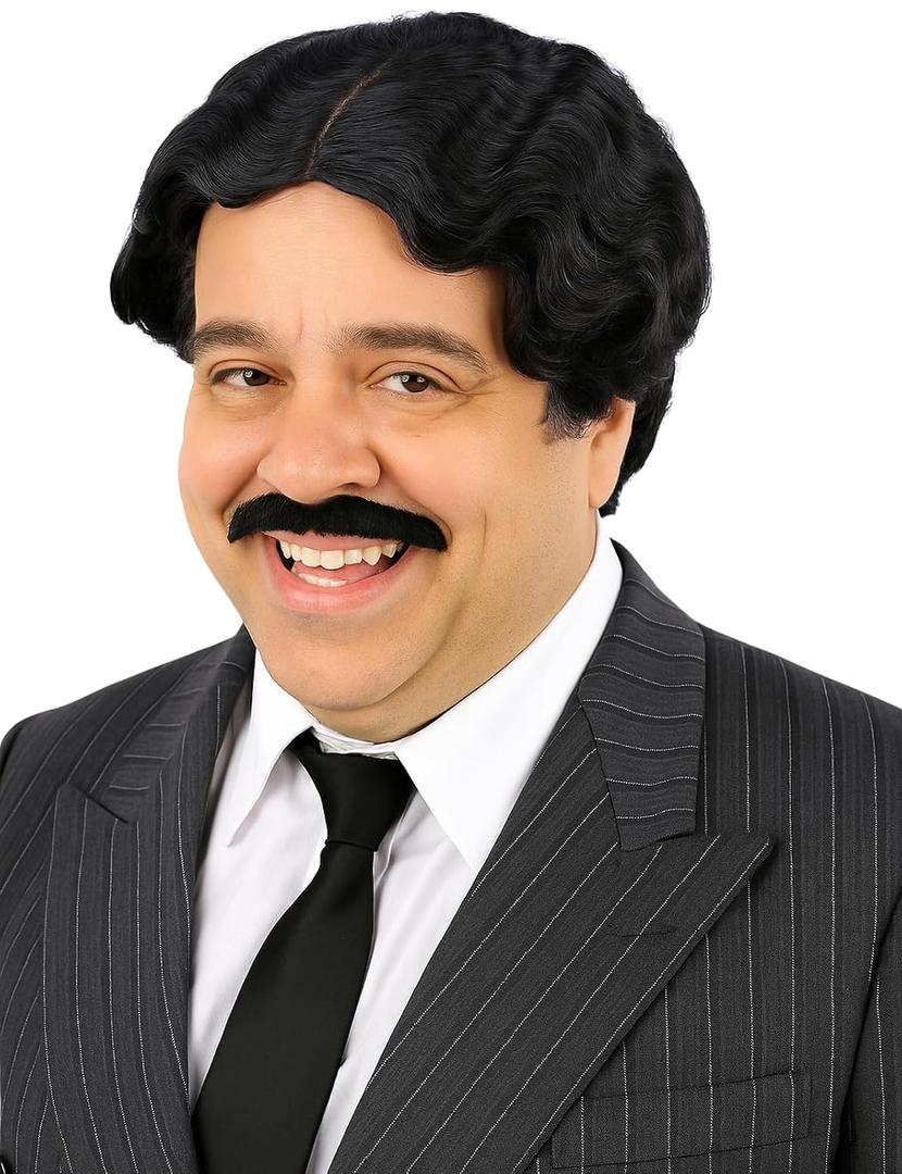 PUREHAIR Short Black Wavy Hair Wig with Mustache for Gothic Family Halloween Costume Funny Cosplay (Adults)