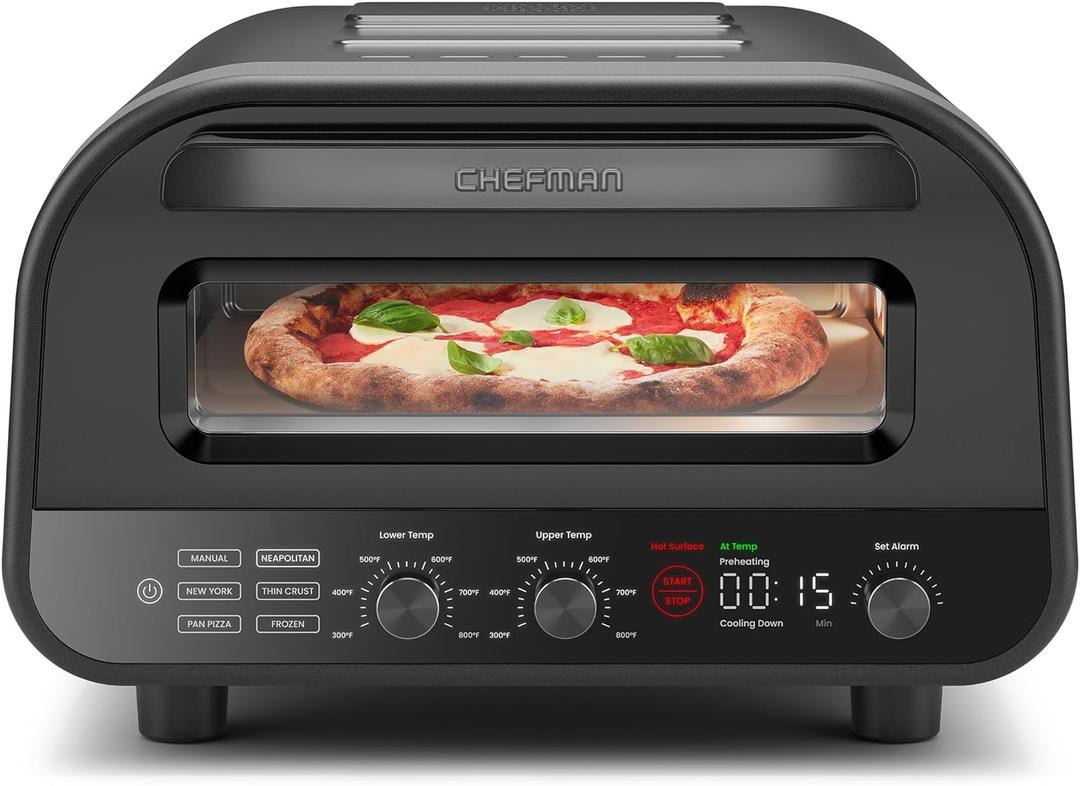 CHEFMAN Indoor Pizza Oven - Makes 12 Inch Pizzas in Minutes, Heats up to 800F - Countertop Electric Pizza Maker with 5 Touchscreen Presets, Pizza Stone and Peel Included - Stainless Black