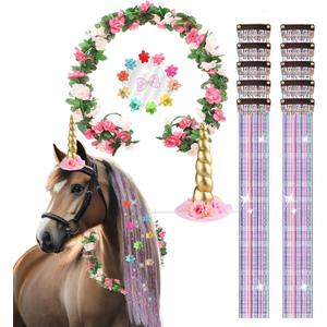 22Pcs Horse Costume, Unicorn Horn, Pony Bling Hair Accessory Set, Horses Tail Extension with Mini Clip, Pony Tinsel Rose Flower Vine for Real Horse Birthday Party Decor
