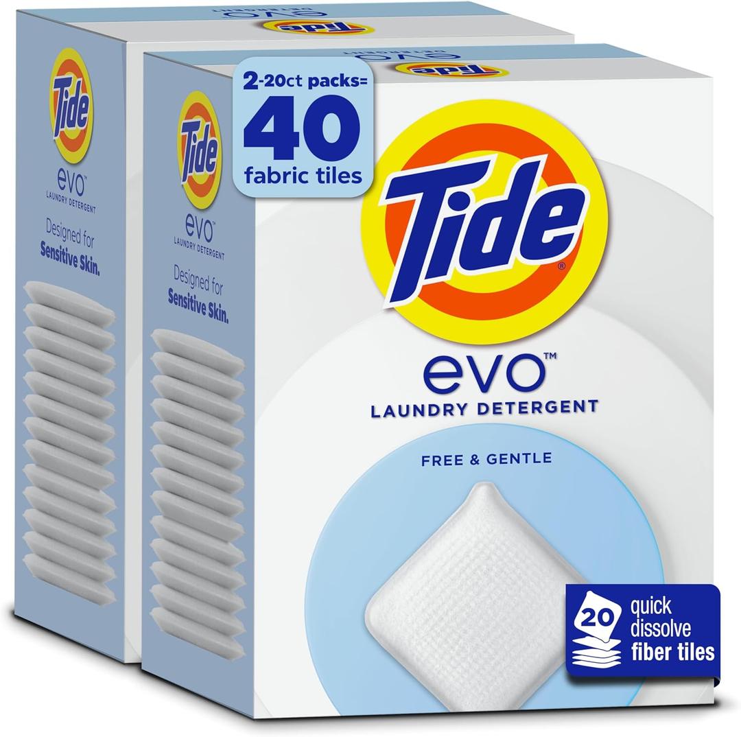 Tide evo Free & Gentle Tiles Fragrance-Free Hypoallergenic Laundry Detergent Fiber Tiles for Sensitive Skin Works on 100% of Common Stains Safe for All Machines and Water Conditions, 40 Count