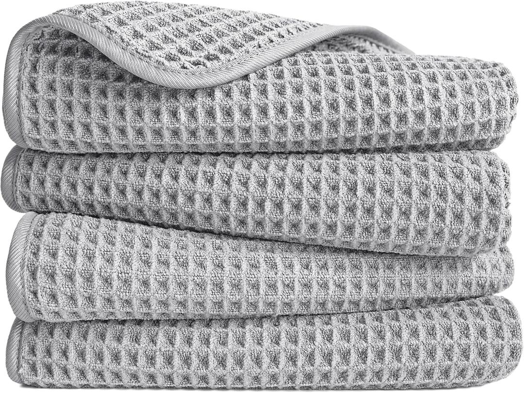POLYTE 430 GSM Microfiber Lint Free Hand Towel, 16 x 30 in, 4 Pack (Waffle Weave) (Light Gray)