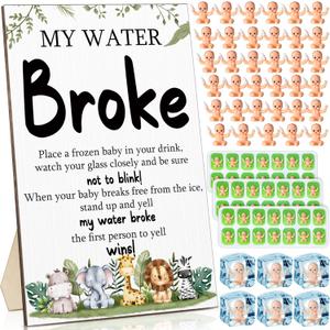 Roowest 54 Pcs My Water Broke Baby Shower Game with 50 Tiny Plastic Small Mini Ice Baby 3 Ice Cube Trays 1 Display Board Gender Reveal Wooden Sign Gift for Guest Party Decoration(Woodland Animal)