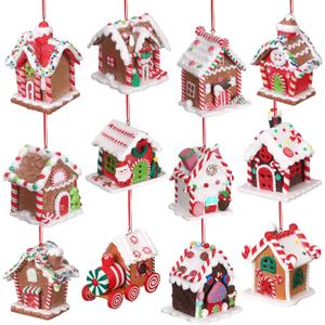 Funtery 12 Pcs Gingerbread House Ornaments for Christmas Tree Gingerbread Christmas Decor with Rope Xmas Hanging Ornaments for Tree Holiday Party New Year Home Decorations (Elegant Style)