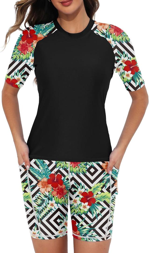 Tournesol Women's 2 Piece Rash Guard Short Sleeve Swim Shirts UV Protection Swimsuit with Boyshorts Geometric Flower Medium
