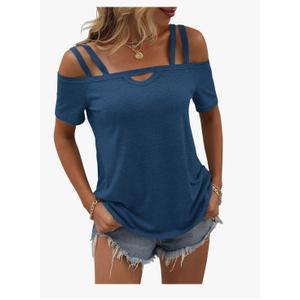 Womens Cold Shoulder Tops for Women Summer Sexy Cut Out Tops Short Sleeve Criss Cross Casual Shirts, Medium 