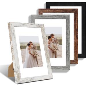Hongkee 8x12 Picture Frame Set of 4, Made of Real Glass and Multicolour Wooden Frame, 8 by 12 Photo for Wall or Tabletop - Display Picture 6x8 with Mat or 8x12 Without Mat
