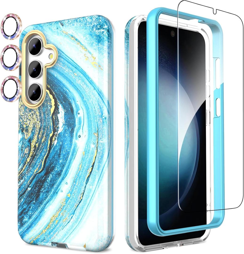 SHEDEER for Samsung Galaxy S24 Case with Glitter Camera Protector & Screen Protector, Samsung S24 Case Chic Anti-Yellowing Pattern, Shockproof Drop Protection Phone Cover S24 6.2'', Starlight Blue