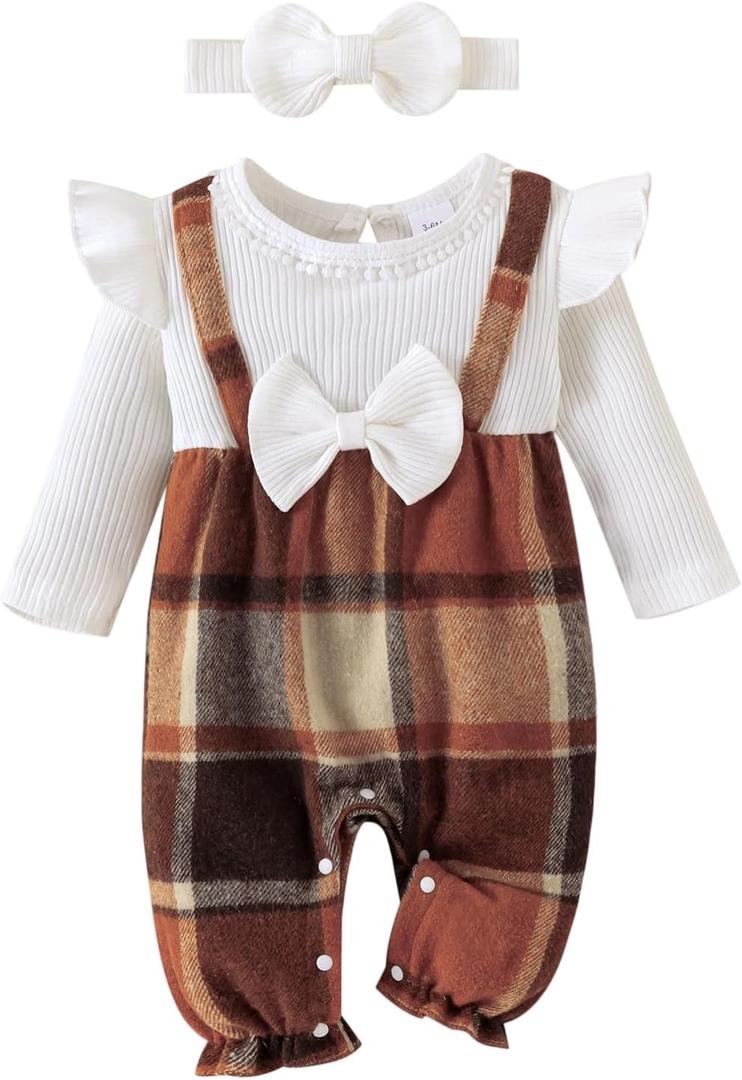 Baby Girl Clothes Fall Winter Outfits Ruffles Plaid Romper Long Sleeve Bodysuit One Piece Jumpsuit (6-9 Months, White)