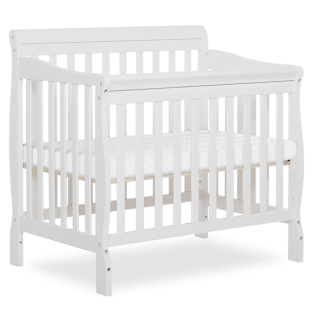 Dream On Me Aden 4-in-1 Convertible Mini Baby Crib, GREENGUARD Gold & BSA Certified, Sustainable Pinewood, Non-Toxic Finish, 3 Mattress Heights, Converts to Mini Day & Twin-Size Bed - White
