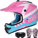 Youth Dirt Bike Helmet DOT Certified - Full Face Motorcycle Helmet for Off-Road, ATV, Street Riding, Includes Adjustable Goggles & Protective Gloves (Large, PINK)