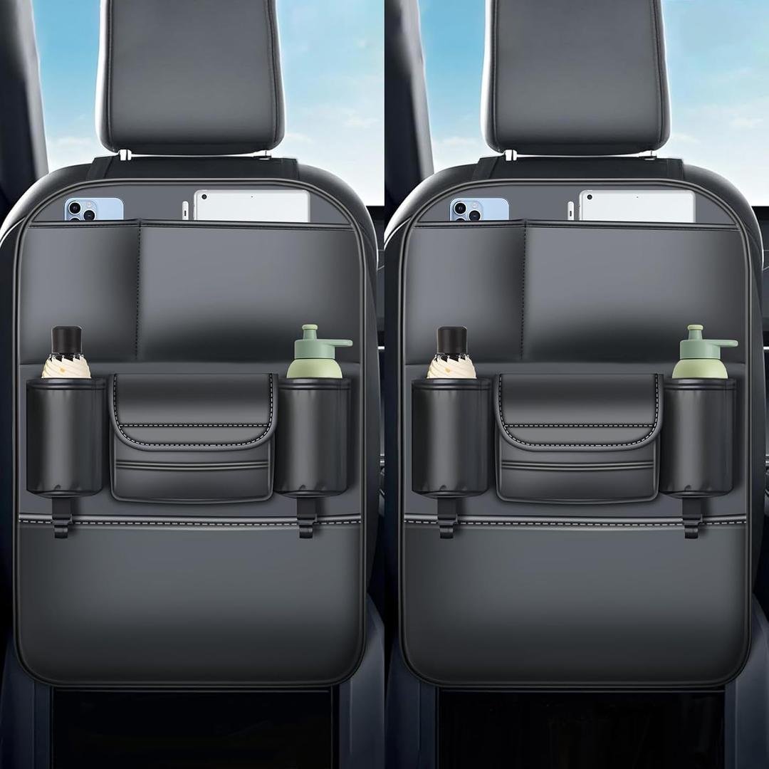 Backseat Car Organizer Leather Back of Seat Car Organizers for Drivers with Large Capacity 6 Storage Pockets Waterproof Kick Mats Seat Back Protector, 2 Pack