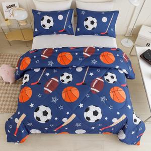 RYNGHIPY Kids Sports Theme Bedding Set, Basketball Football Baseball Tennis Print Comforter Set for Teens Boys Girls, Super Soft Lightweight (Balls,Queen) (Deep Blue)