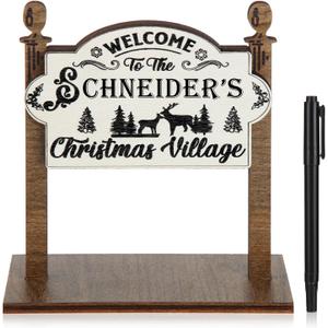 Pinkunn Wooden Christmas Village Sign with Pen, Welcome to Our Village Sign, Christmas Decoration Accessories, Mini Wooden Miniature Family Xmas Decor, 5 x 5 Inch