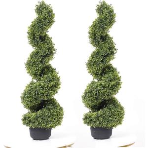 35 Inch Artificial Boxwood Topiary Tree Spiral Plants Fake Faux Plant Decor in Plastic Pot Green Indoor or Outdoor, Set of 2