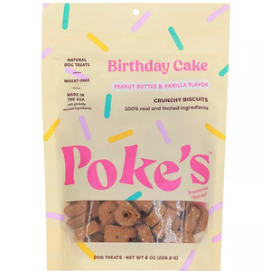 Poke's Natural Birthday Cake Crunchy Biscuits Peanut Butter & Vanilla Flavor Dog Treats, BBD: 04/29/2026