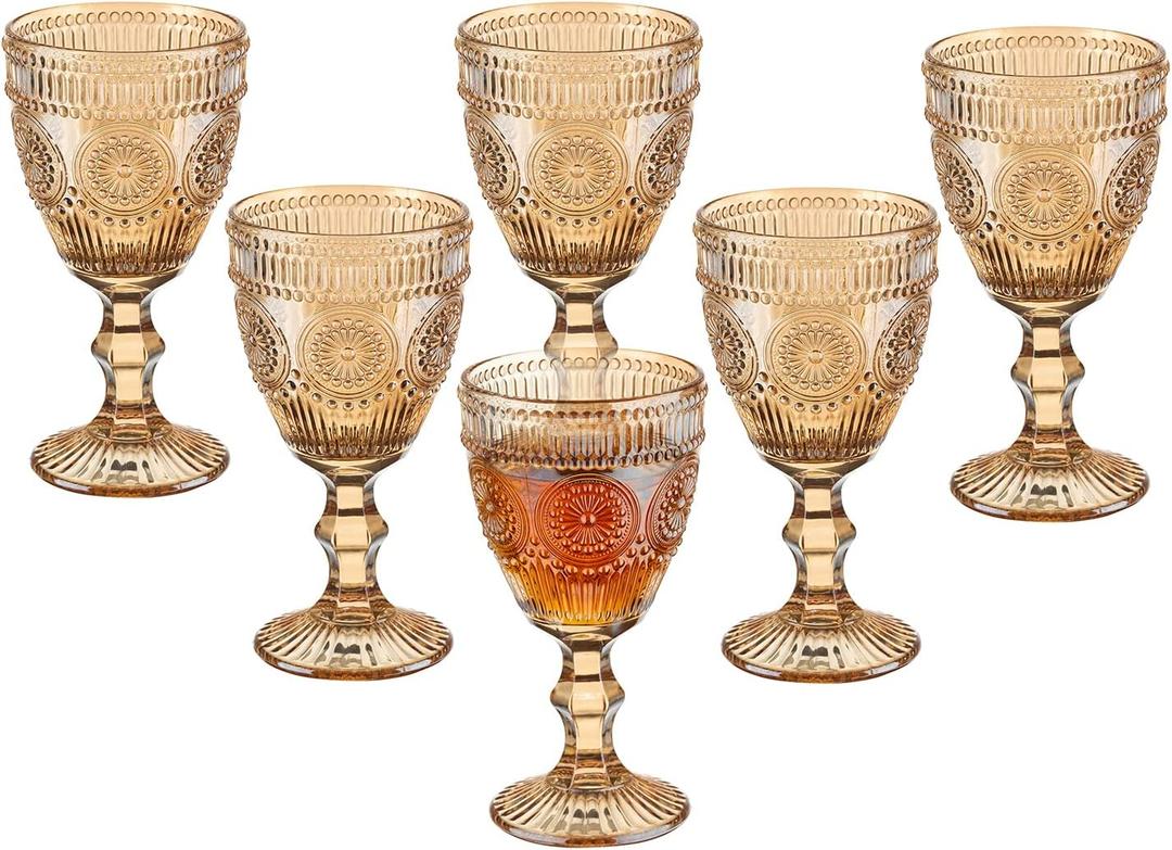 Vintage Wine Glasses Set of 6, 10 Ounces Colored Glass Water Goblets, Unique Flower Embossed Pattern High Clear Stemmed Glassware Wedding Party Bar Glass Drinking Cups Flower Amber Fancy Glasses